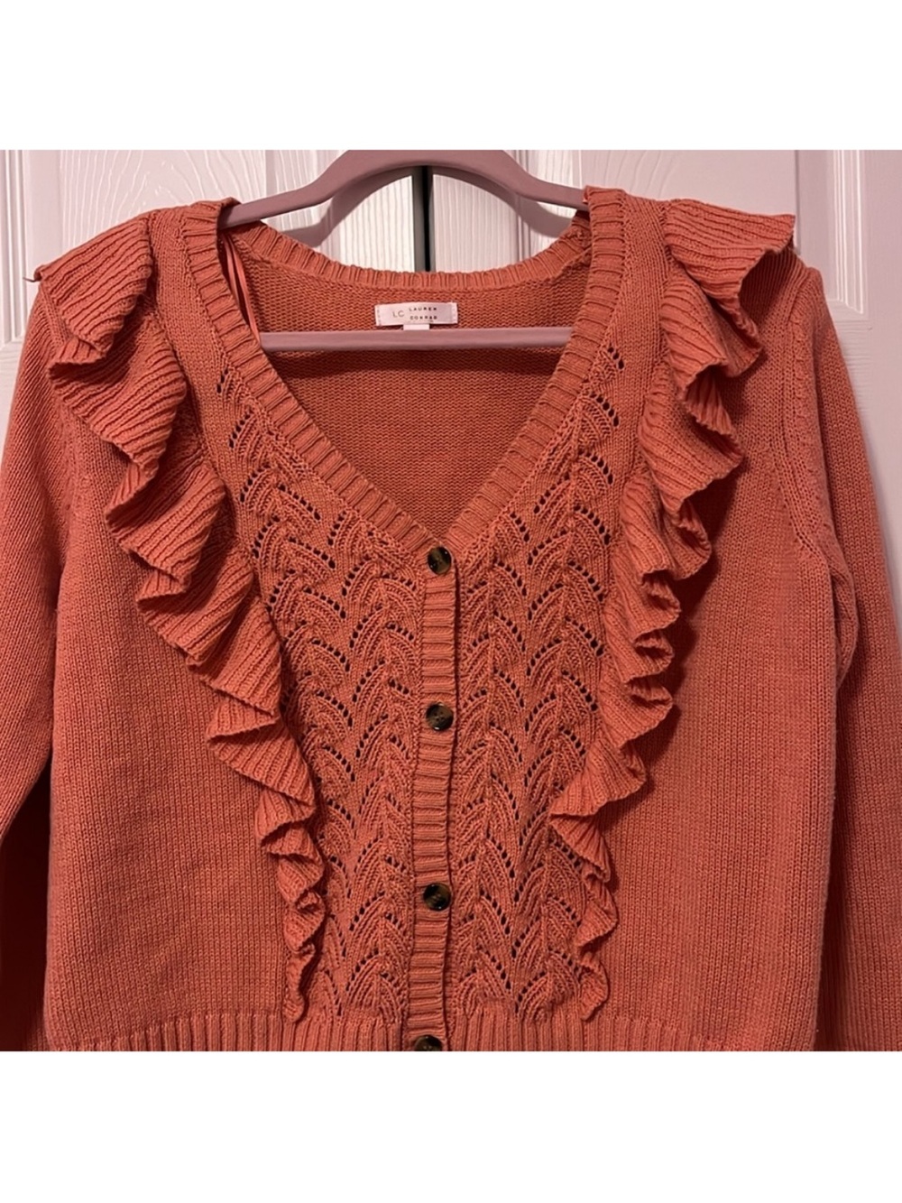Ruffled V-Neck Button Cardigan - Coral - Picture 2 of 5